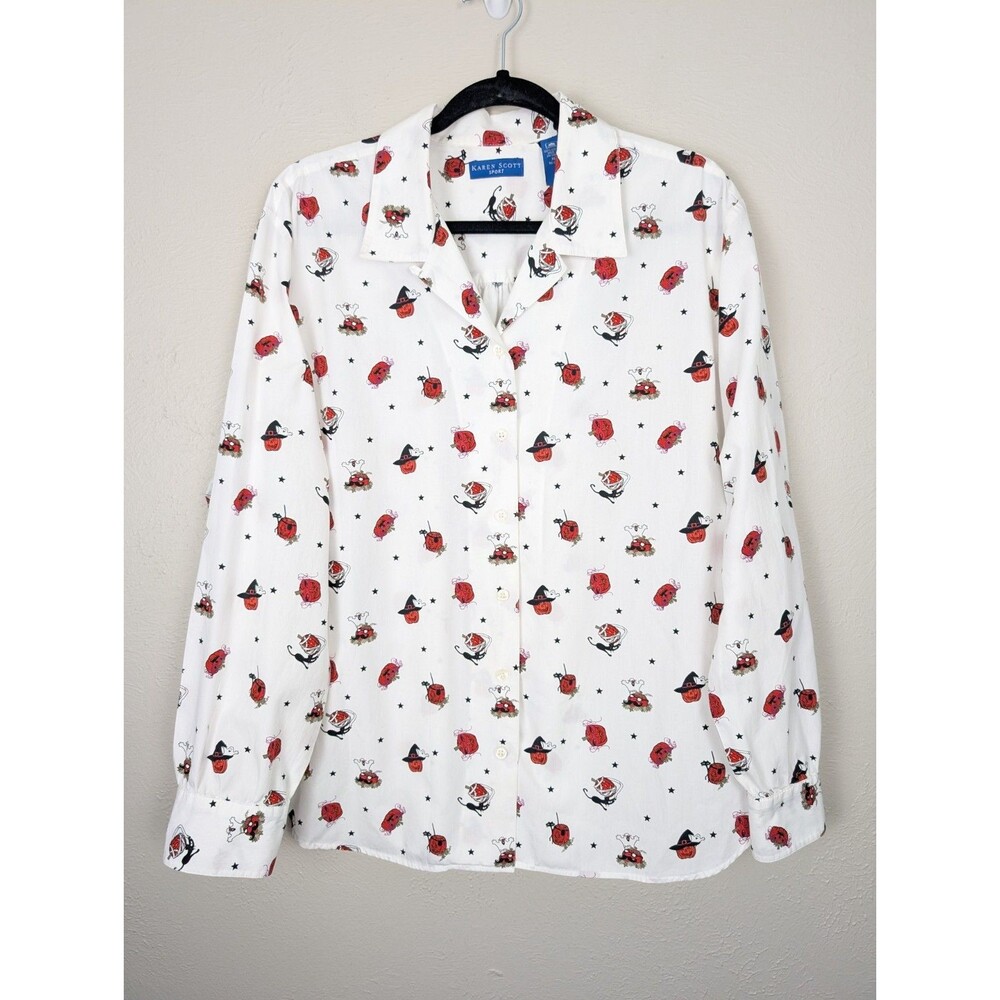 Vtg Karen Scott Sport Halloween Ghost Pumpkin Black Cat Button Shirt Blouse XL